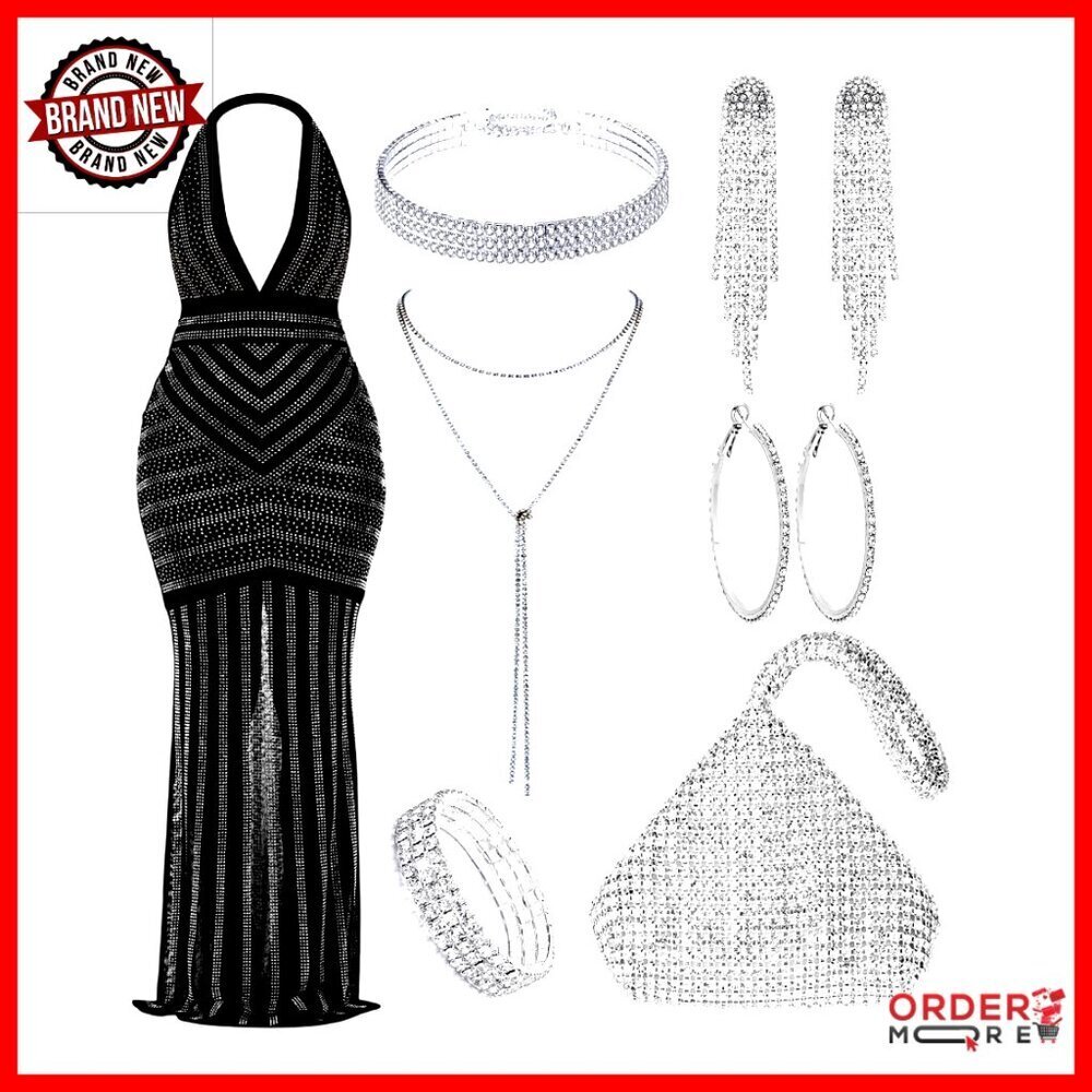 Small Evening Gown Rhinestone Jewelry Set 7 Pieces Party Dress Accessories